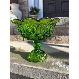 Vintage L.E. Smith Moon & Stars Green Glass Candy Bowl.